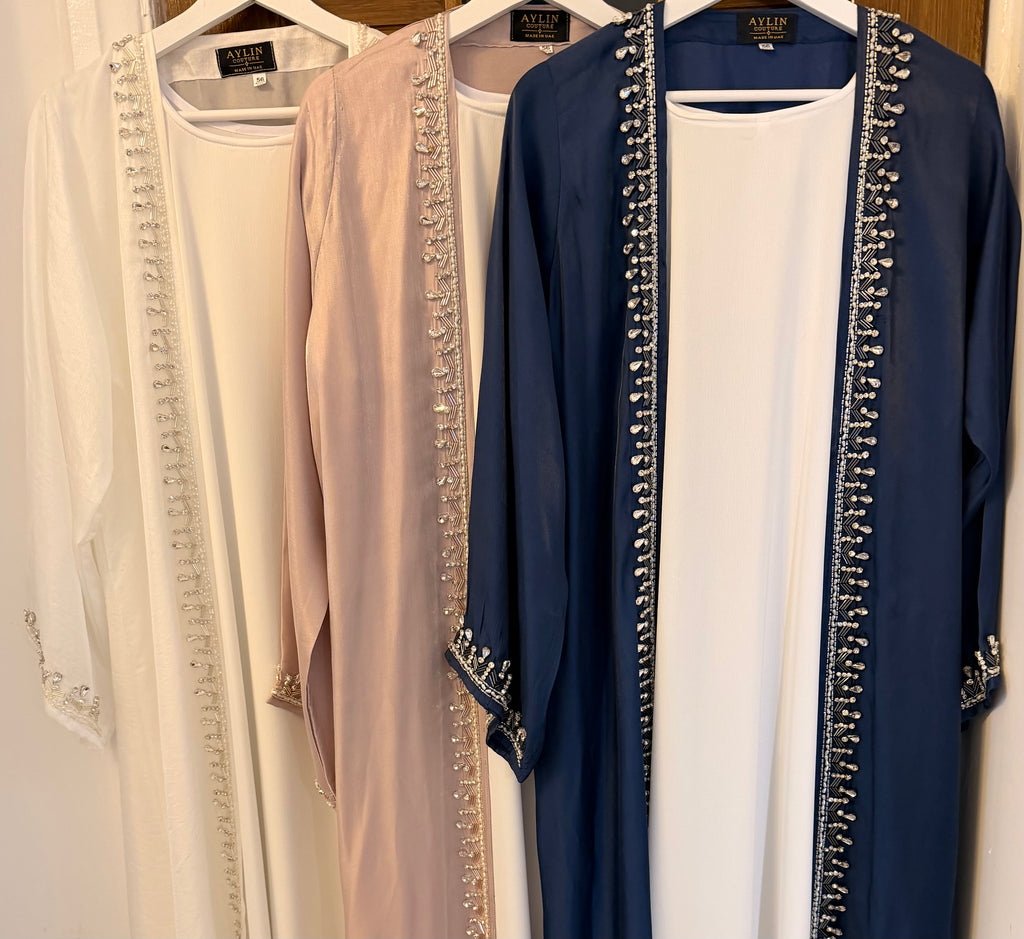 Crystal & Pearl Embellished Luxury Organza Open Abaya