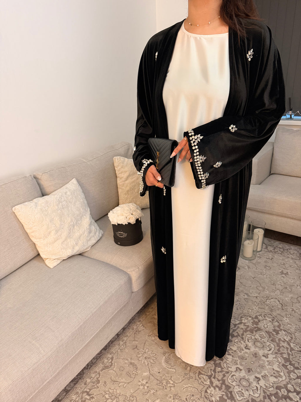 Luxury Burgundy Velvet Abaya (3-Piece Set) with Satin Underdress and Embroidered Details