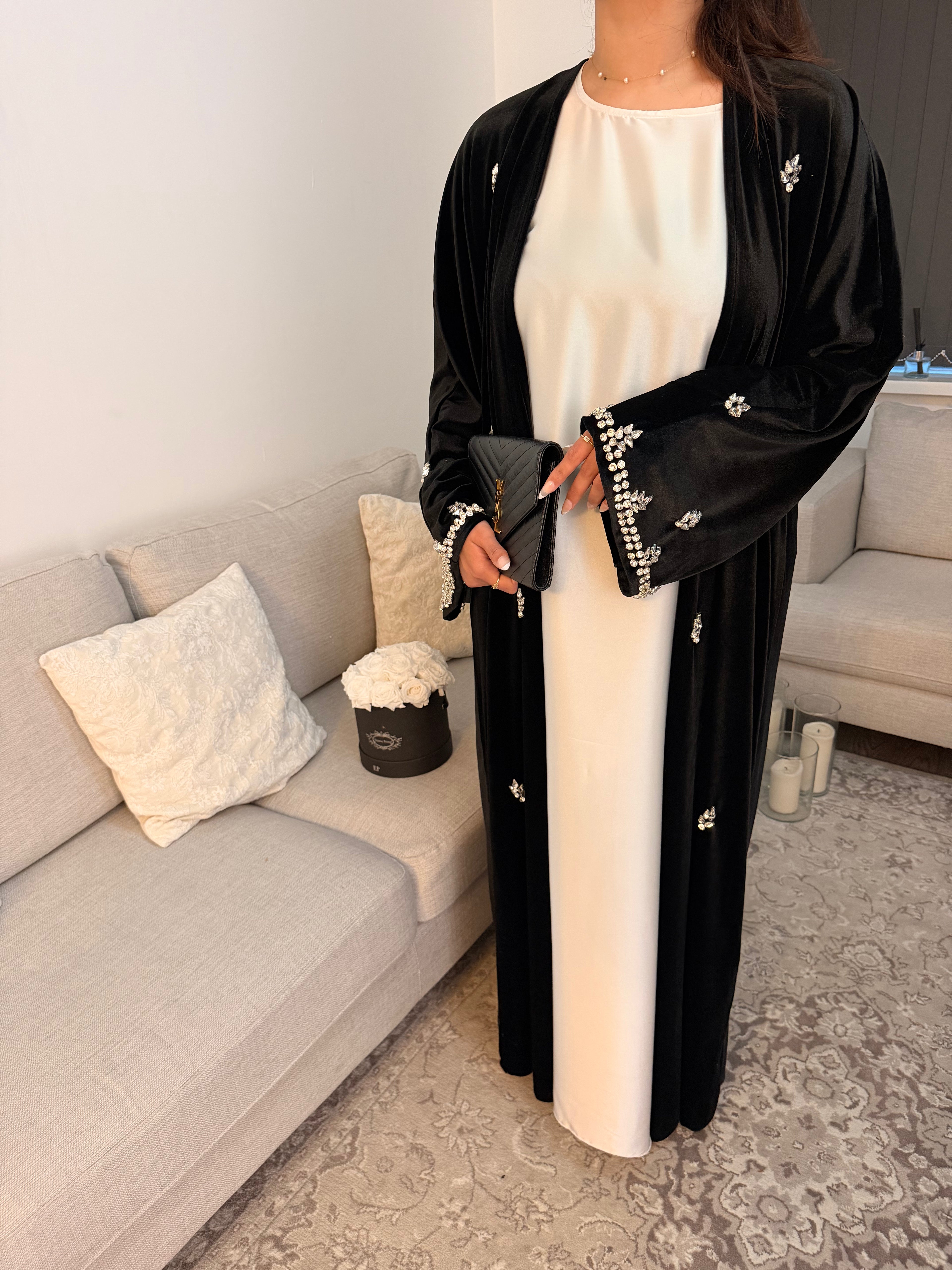 Luxury Burgundy Velvet Abaya (3-Piece Set) with Satin Underdress and Embroidered Details