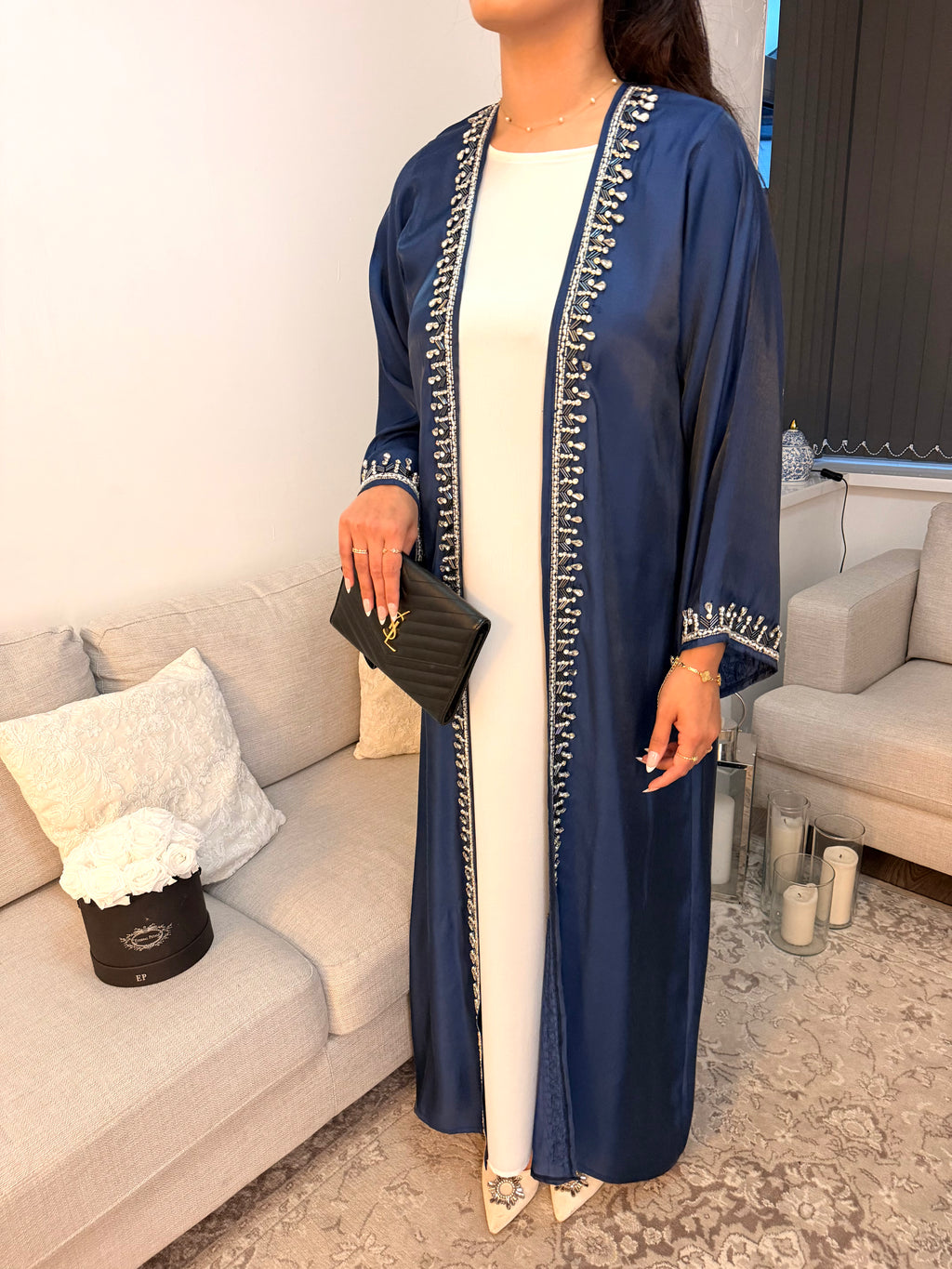 Crystal & Pearl Embellished Luxury Organza Open Abaya
