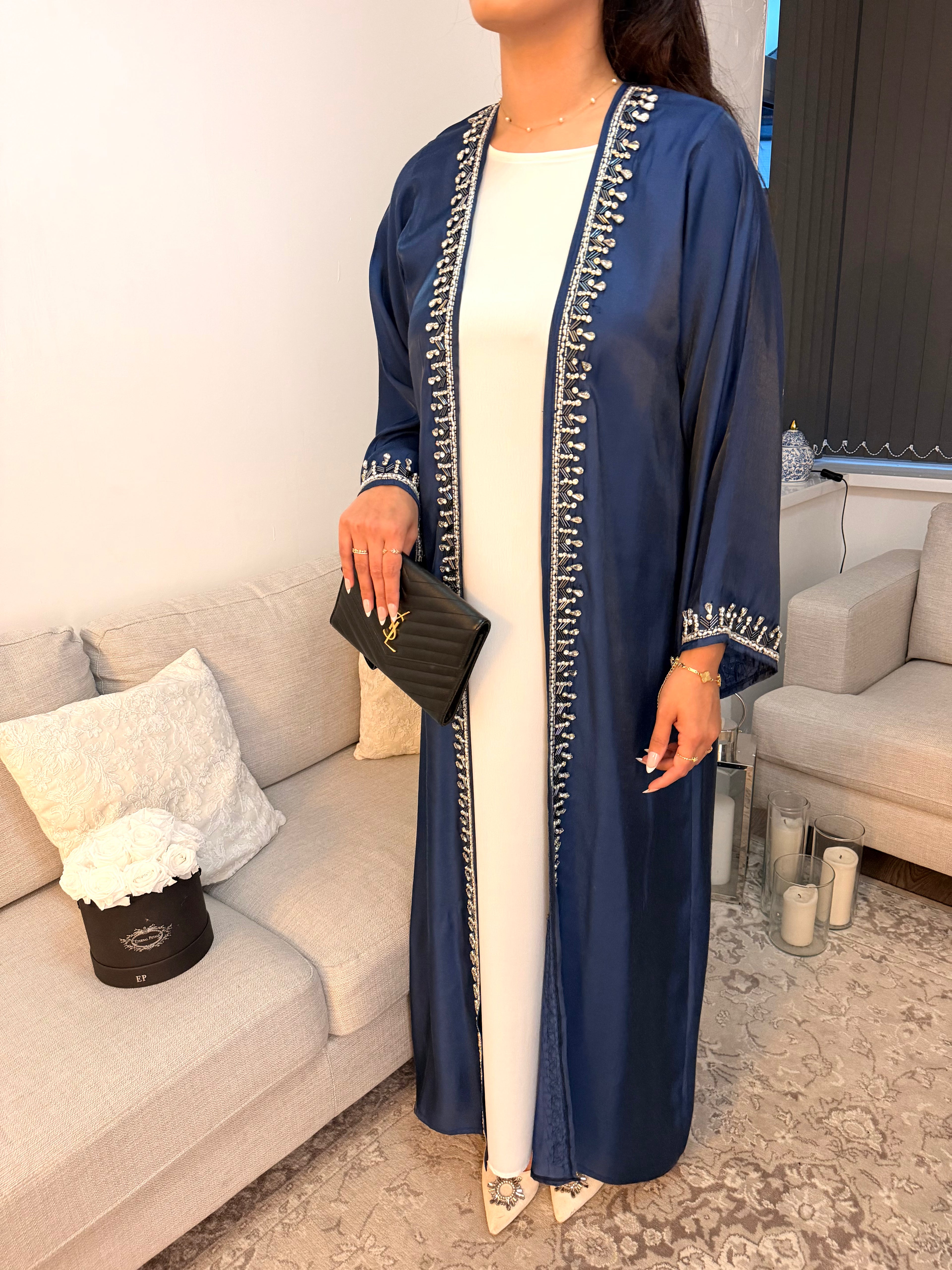Crystal & Pearl Embellished Luxury Organza Open Abaya