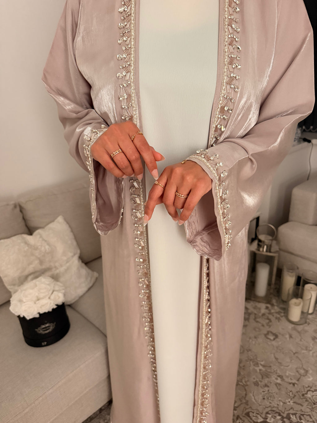 Crystal & Pearl Embellished Luxury Organza Open Abaya