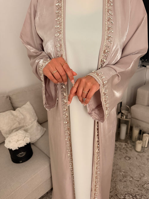 Crystal & Pearl Embellished Luxury Organza Open Abaya