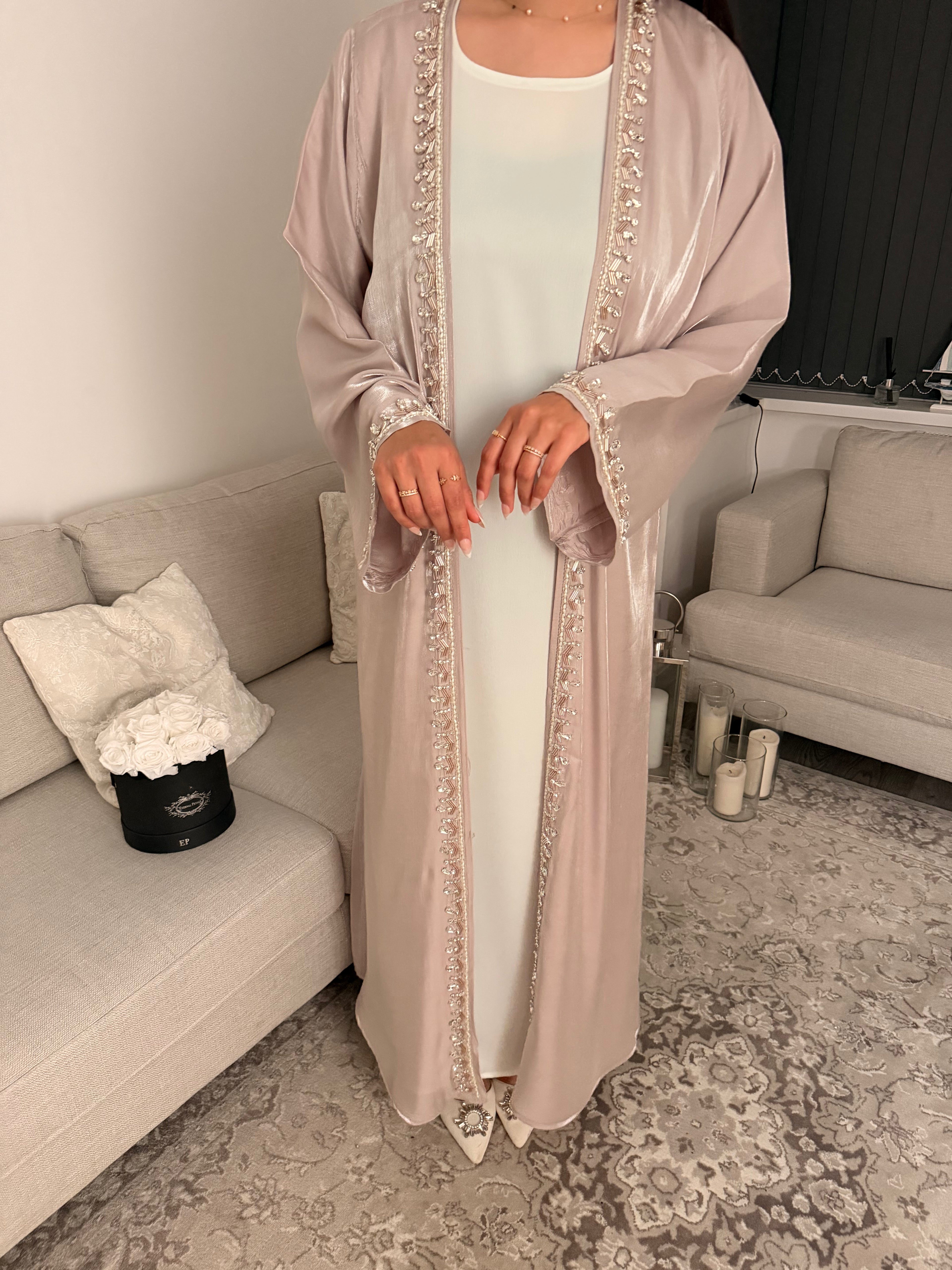 Crystal & Pearl Embellished Luxury Organza Open Abaya