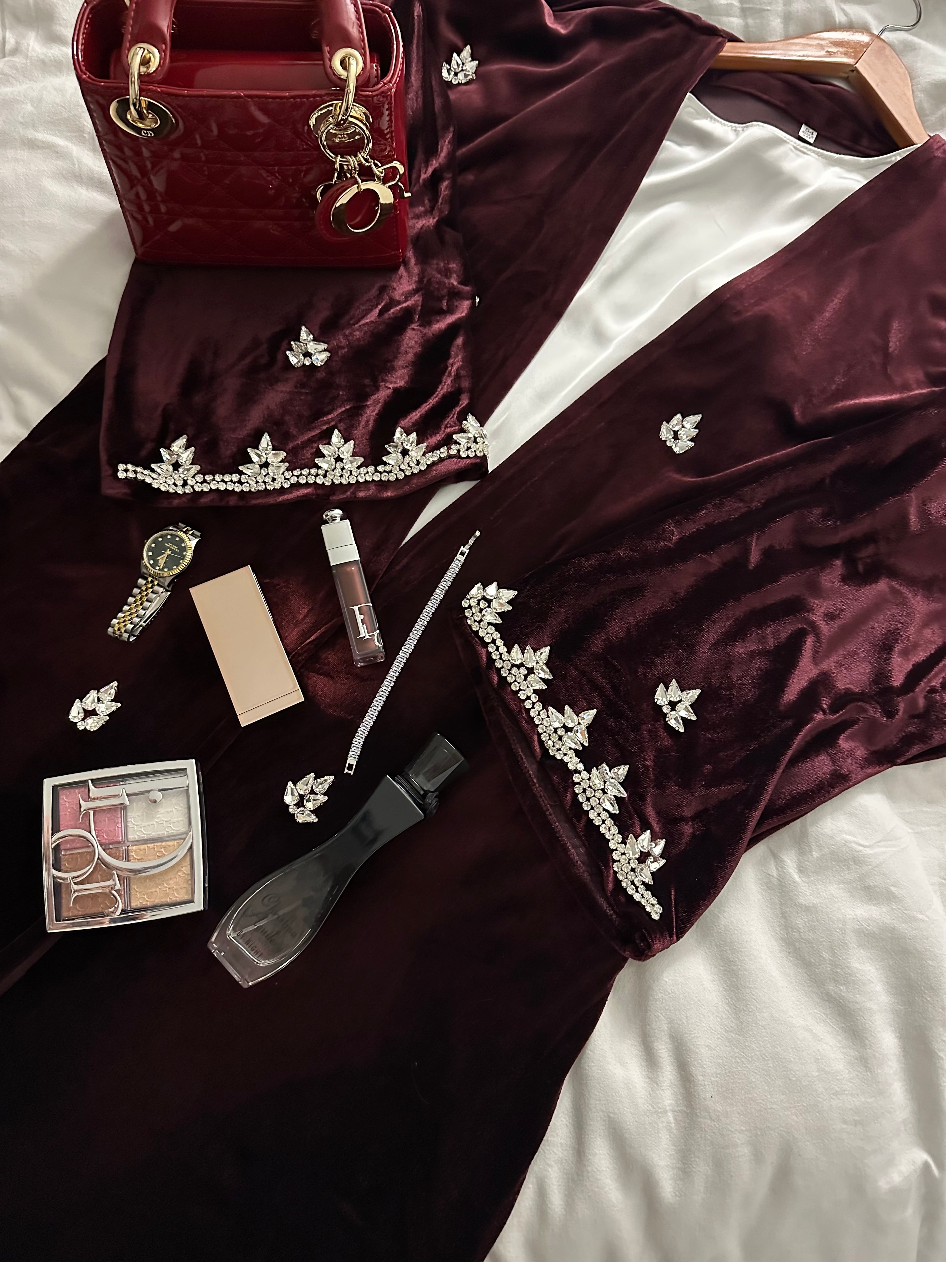 Luxury Burgundy Velvet Abaya (3-Piece Set) with Satin Underdress and Embroidered Details