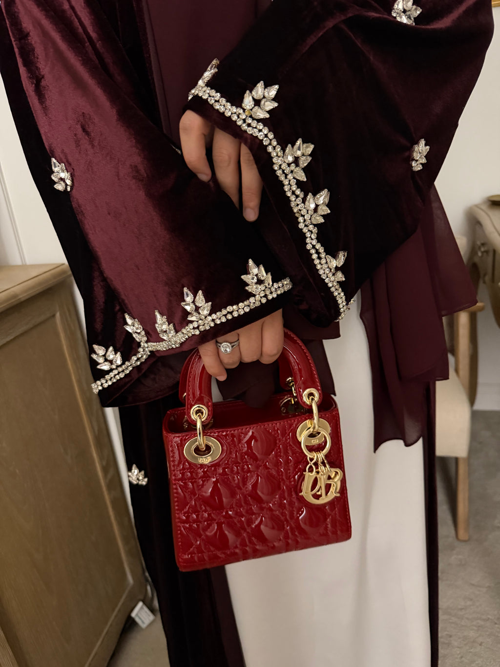 Luxury Burgundy Velvet Abaya (3-Piece Set) with Satin Underdress and Embroidered Details