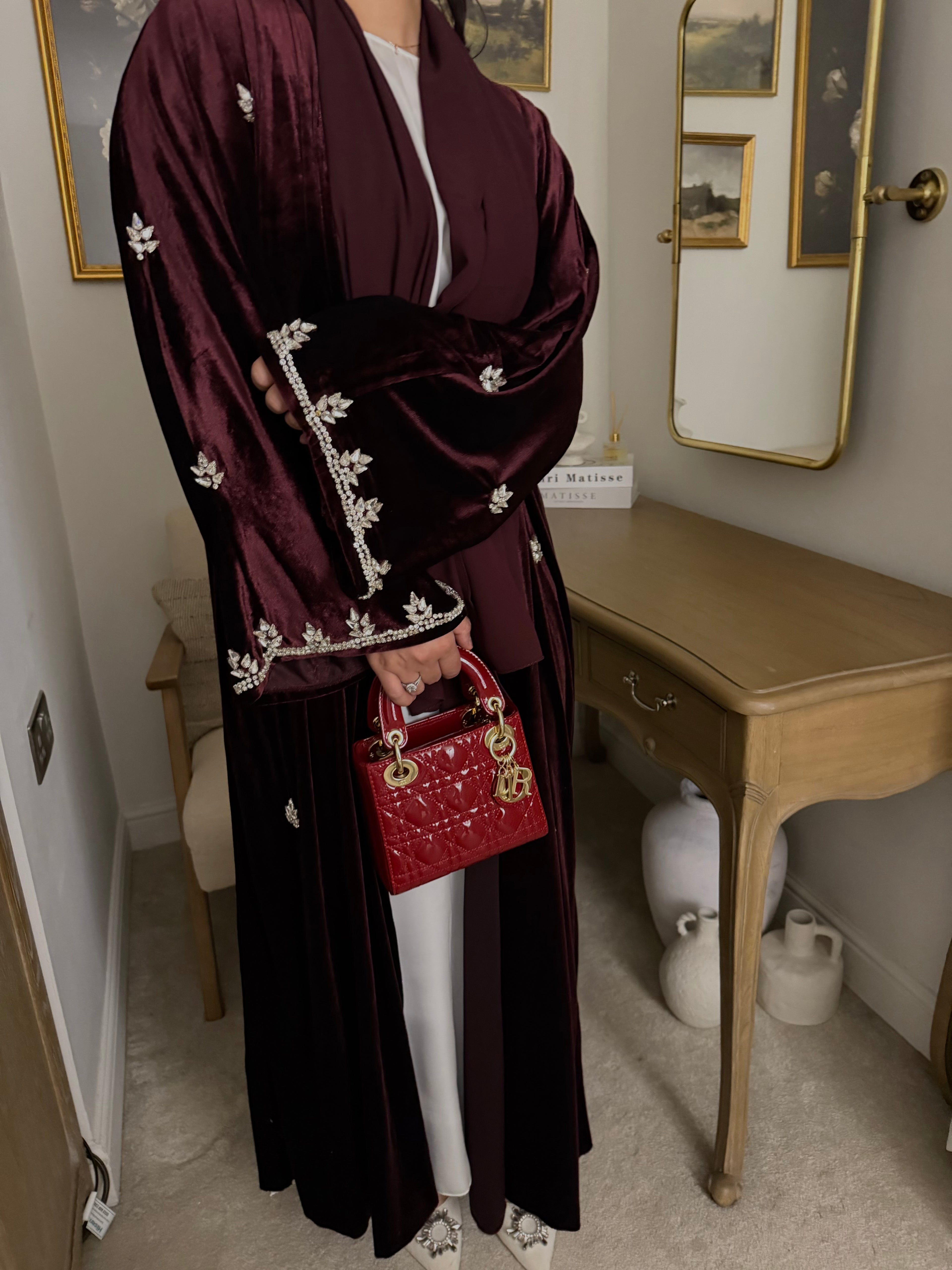 Luxury Burgundy Velvet Abaya (3-Piece Set) with Satin Underdress and Embroidered Details